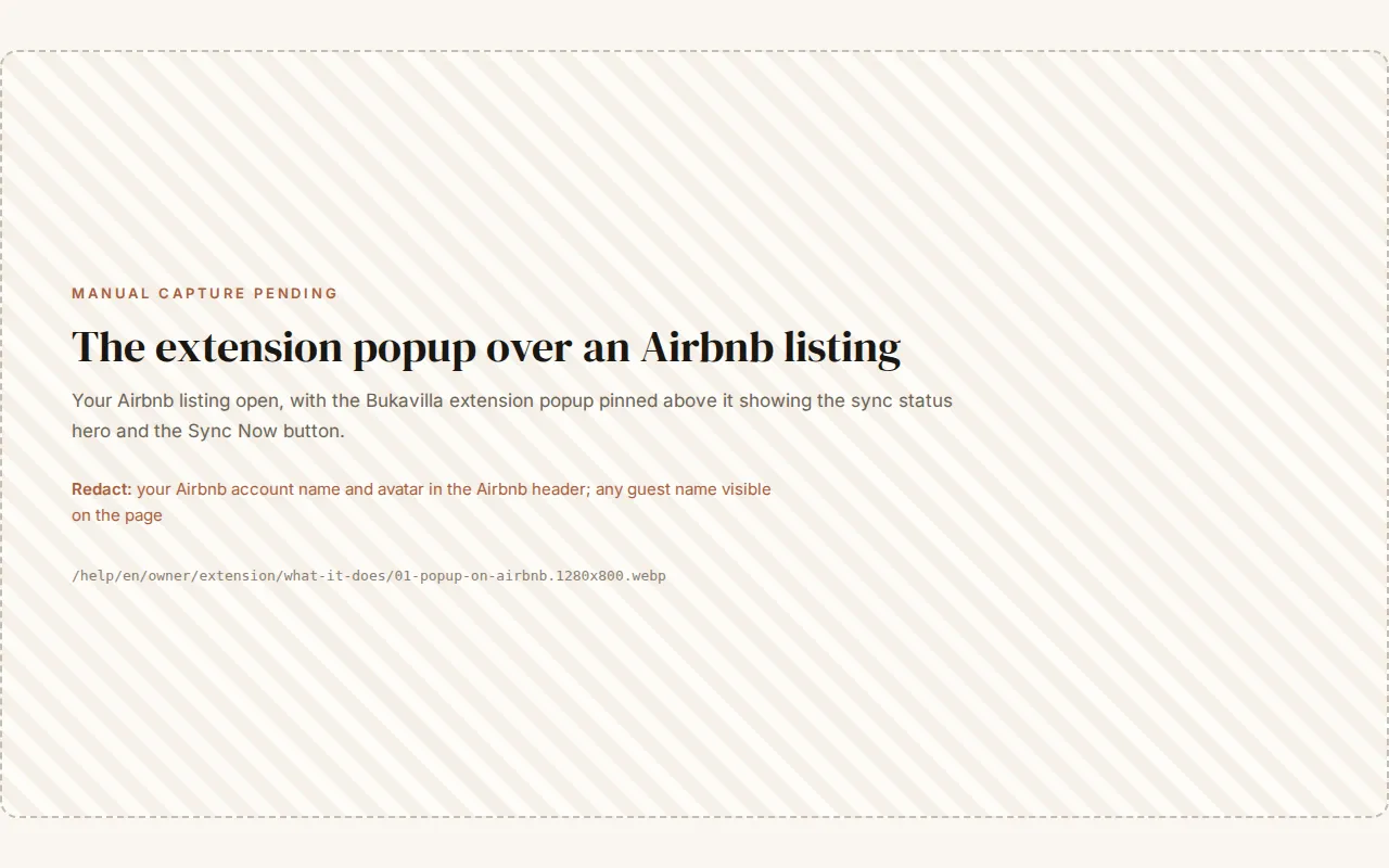 The Bukavilla extension popup open over an Airbnb listing, showing sync status and a Sync Now button